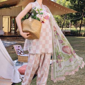 Luxury All-Over Checkerboard Print Embroidered Lawn 3Pc Unstitched Suit with Chiffon Dupatta – EID & Party Wear