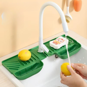 Silicone Faucet Splash Guard Mat with Sponge Holder – Green Sink Water Catcher & Kitchen Organizer