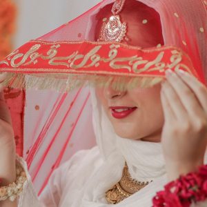 Nikkah Bridal Red Dupatta with Qabool Hai Embroidery & 4-Side Kiran Lace – Premium Wedding Veil for Bride