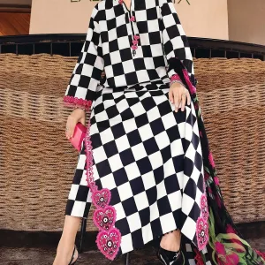 Elegant All-Over Checkerboard Print Embroidered Lawn 3Pc Unstitched Dress with Chiffon Dupatta – Summer Collection 2026