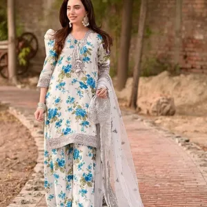Elegant All-Over Print Embroidered Lawn 3 Piece Unstitched EID Dress with Embroidered Chiffon Dupatta