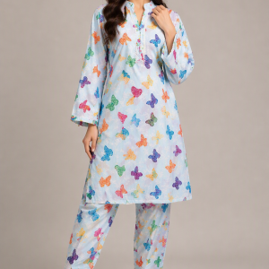 Digital Print Polo Cotton 2 Piece Suit for Girls – Butterfly Printed Shirt & Trouser Set | Soft Summer Casual & Party Wear Dress