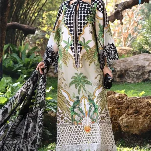 Elegant All-Over Print Embroidered Lawn 3Pc Unstitched EID Dress for Girls with Chiffon Dupatta