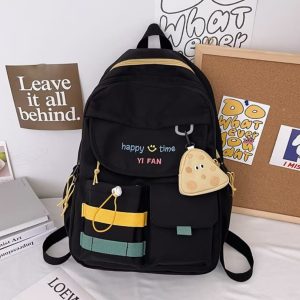 Stylish Black Backpack with Blue & Yellow Stripes + Cute Mouse-Shaped Coin Purse | Lightweight, Durable, School & Travel Bag